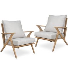 two chairs with white cushions and wooden frames, one has a seat cushion on the back