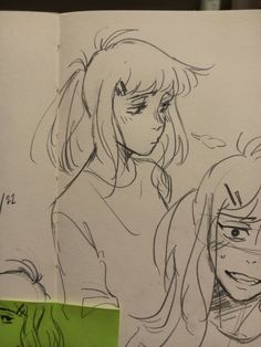 some drawings of two girls and one is looking at something in front of the camera