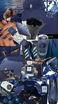 a collage of blue and white items including an umbrella, hat, sunglasses, perfume bottle