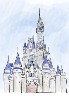 a drawing of a castle with blue turrets