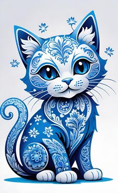 a painting of a blue cat with white flowers on it's chest and eyes