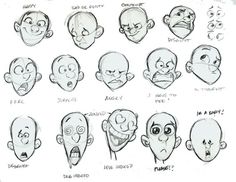 various facial expressions drawn in pencil