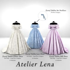 three gowns are shown in different colors and sizes, one is blue, the other is pink