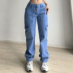 women Jeans straight pants new multi-pocket cargo pants loose casual denim trousers women's summer wide leg pants jeans [23y 8m 7d] Summer Wide Leg Pants, Wide Leg Pants Jeans, Mid Waist Pants, Casual Denim Pants, Work Jeans, Solid Color Pants, Pants Loose, Straight Trousers, Casual Tops For Women