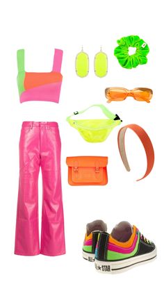 an assortment of neon colored clothing and accessories