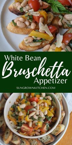 white bean bruschetta appetizer with spinach and tomatoes