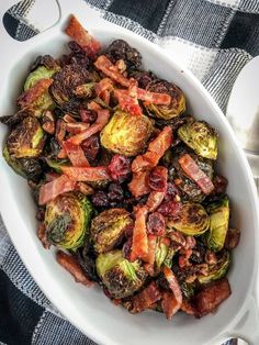 brussel sprouts with bacon in a white bowl