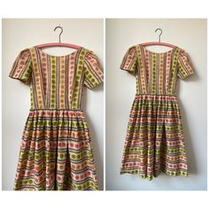 "A 1960s cotton gylph print dress. The dress has a rounded neckline to the front, V neckline to the back, short sleeves and full gathered skirt. From a Cincinnati estate Excellent vintage condition Measurements taken with garment laying flat Pit to pit: 17\" across (34\") Waist: 14\" across (28\") Hips: free Length: 44\" Back width: 14.5\"" Full Gathered Skirt, Garden Wedding Dresses, Quilted Top, Vintage Silk Scarf, Dance Skirt, Rounded Neckline, Gathered Skirt, Vintage Silk, Vintage Linens