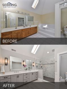 before and after photos of a bathroom remodel