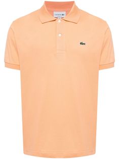 peach orange cotton polo collar short front button fastening appliqué logo straight hem Solid Spring Polo Shirt With Button Closure, Solid Polo Shirt With Button Closure For Spring, Orange Polo Shirt With Polo Collar For Summer, Summer Orange Polo Shirt With Polo Collar, Orange Polo Shirt With Collar For Summer, Summer Orange Polo Shirt With Collar, Orange Cotton Polo Shirt For Summer, Summer Orange Cotton Polo Shirt, Classic Orange Tops For Spring