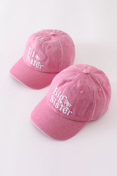 Top off any outfit with this quirky Pink Sister Embroidery Baseball Cap. The perfect accessory for any sister who loves a good pun (or just loves pink). Keep the sun out of your eyes and show off your sisterly pride with this fun and stylish cap. No sister should be without it! HC:21.25 inch Adjustable 100% COTTON For Big Sister 120983 For Little Sister 120984 Pink Dad Hat With Curved Visor For Summer, Pink Curved Visor Dad Hat For Summer, Cute Cotton Baseball Cap With Letter Print, Pink Casual Dad Hat With Letter Print, Casual Pink Dad Hat With Letter Print, Pink Snapback Baseball Cap With Embroidered Logo, Trendy Pink Trucker Hat With Curved Visor, Pink Cotton Baseball Cap With Letter Print, Trendy Pink Dad Hat With Curved Visor