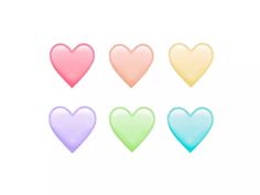 six heart shapes in pastel colors on a white background