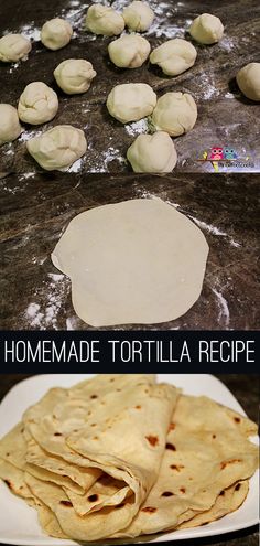 homemade tortilla recipe on a white plate and in the process of being made