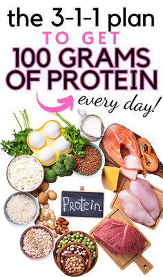 A variety of high protein foods like eggs, chicken, and lentils, with a text overlay that says the 3-1-1 plan to get 100 grams of protein every day. Foods Full Of Protein, 100 Grams Of Protein Meals, 128 Grams Of Protein, 20 Grams Protein Meals, 100 Grams Protein, Grams Of Protein For Women, Sample High Protein Meal Plan, How To Get In More Protein, Food Protein Chart