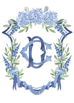 the letter d is surrounded by blue flowers and butterflies