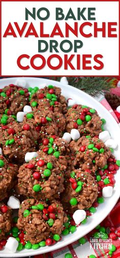 no bake avalanche drop cookies on a white plate with red and green sprinkles