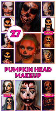 Pumpkin head makeup is the perfect choice for a unique Halloween look. This easy idea is great for both men and women, with simple tutorials available to help you achieve a spooky half-face design. Using orange and black colors, you can create a pretty or terrifying look that's perfect for Halloween parties. Kids will love the cute and creative designs, making pumpkin head makeup an amazing option for all ages. Half Pumpkin Face Makeup, Pumpkin Makeup Ideas, Pumpkin Face Paint, Terrifying Halloween, Halloween Trends, Pumpkin Queen, Male Makeup, Pumpkin Head