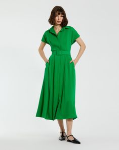 Crepe Collared Short Sleeve Midi Dress With Belt Tea Length Skirt, Short Sleeve Midi Dress, Dressy Sandals, Belted Midi Dress, Mac Duggal, Midi Short Sleeve Dress, Tea Length Dresses, Sleeve Midi Dress, Tea Length