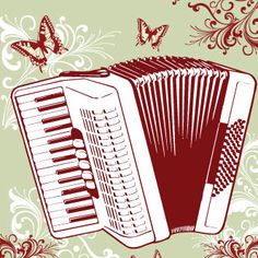 an accordion on a floral background with butterflies