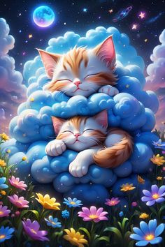 a painting of a cat sleeping on top of a cloud