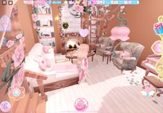 a girl is standing in a room with furniture and decorations on the walls, looking at her phone