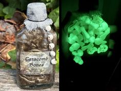 there are two bottles with glow in the dark items next to each other, and one is filled with mushrooms