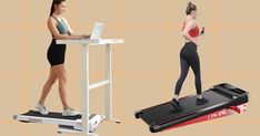 two women are using treadmills to work on their computers