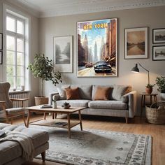 a living room filled with furniture and pictures on the wall above it's windows