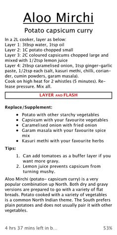 the recipe for alo mirchii potato capsicum curry is shown in red and white