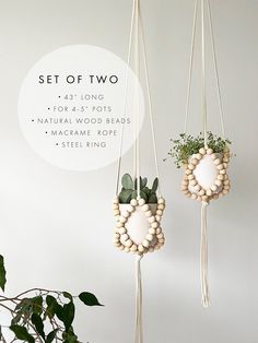 two macrame rope plant hangers with plants in them and the text set of two for 4 - 5 pots natural wood beads macrame rope