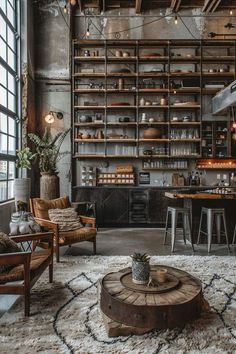 a living room filled with furniture and lots of bookshelves on the wall next to a window