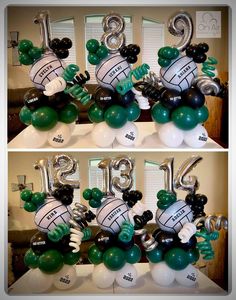 two pictures of balloons with numbers and footballs on them, one is green and the other is white