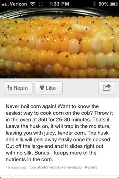 an image of corn on the cob with caption in english and spanish that reads never boil corn again