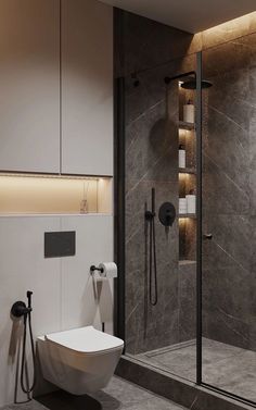 a bathroom with a walk in shower next to a white toilet and stand up shower