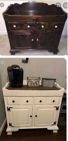 Take an old piece of furniture and make it modern and fun. 
Steps: clean well, sand with 400 grit, prime and paint. I used a flat washable paint to give a chalk paint appearance. Next distress with 180 grit. I did only the edges where natural aging would appear. Dry Sinks Repurposed, Dry Sink Decor Ideas Farmhouse, Dry Sink Coffee Bar Ideas, Dry Sink Bar Ideas, Painted Dry Sink Ideas, Dry Sink Makeover Ideas, Refinished Dry Sink, Dry Sink Coffee Bar