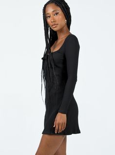 Long sleeve mini dress  Slim fitting  Eyes is wearing a size US 2 / AU 6     Ribbed material  Square neckline  Tie fastening at front  Good stretch  Unlined New Long Dress, Black Long Sleeve Mini Dress, Vegas Dresses, Dress Slim, New Years Eve Dresses, Eve Dresses, Fleece Dress, Disco Outfit, Mini Dress Black