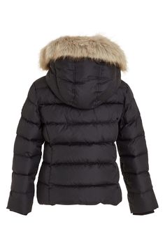 Regular fit. - Hooded. - Zip front. - Two side pockets. - Elasticated cuffs. - Faux fur detail. - Padded style. - Signature TH flag on chest and back. Washable. 100% Recycled polyester. Black Puffer Jacket With Faux Fur Trim For Winter, Winter Hooded Tommy Hilfiger Tops, Black Fluffy Hooded Outerwear, Tommy Hilfigure Black Parka Fur Hood, Luxury Hooded Puffer Jacket With Faux Fur Trim, Faux Fur Hooded Jacket, Hood Jacket, Fur Hood Jacket, Tommy Hilfiger Kids