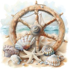 seashells and starfish on the beach with a steering wheel painted in pastel