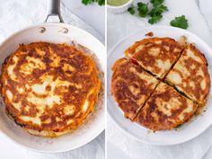 two pictures showing how to make quesadilla in a skillet with cheese