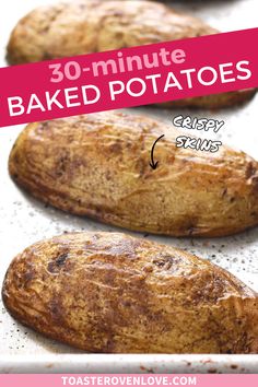 Roasted potato halves on a sheet pan with an arrow pointing to the potato skins and text "crispy skins" next to it. Half Potatoes Baked, Roast Baked Potatoes, Upside Down Baked Potatoes, Roasted Half Potatoes In Oven, Baked Potatoes With Toppings, Soft Baked Potatoes In The Oven, Half Baked Potatoes In The Oven, Quick And Easy Baked Potato, Baked Half Potatoes In The Oven