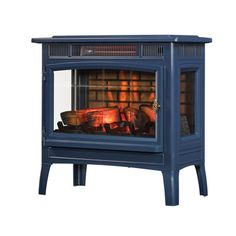 an image of a blue fireplace with logs in the front and side glass door on top