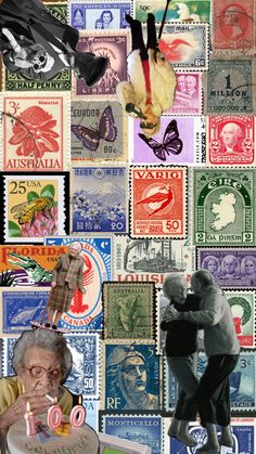 a collage of stamps with an old man blowing out the candles on his birthday cake