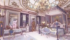 a fancy bedroom with chandelier and furniture