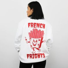 Super-soft women's sweatshirt with vintage style freaky French fries character.Small print on front, large print on back.The perfect self-purchase for Halloween, also makes a great gift for foodie fashionistas.All Batch1 products are lovingly designed, printed and packed by hand in the UK at Batch1 HQ.Our garments are made to order to minimise wastage and printed using water-based, eco-friendly inks. We are committed to creating on-trend, environmentally friendly, ethically-made garments that co Graphic Print Crew Neck French Terry Hoodie, Graphic Print Crew Neck Hoodie In French Terry, Halloween Graphic Print Relaxed Fit Hoodie, Halloween Graphic Print Hoodie With Relaxed Fit, Pop Culture Graphic Print Hoodie With Crew Neck, Graphic Print French Terry Top For Streetwear, Pop Culture Graphic Print Sweatshirt For Fall, Retro Cotton Sweatshirt With Funny Print, Funny Graphic Print Crew Neck Hoodie