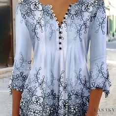 Lasaky - Womens Floral Print Button Front Blouse: Versatile 3/4 Sleeve Top for Spring and Fall Half Sleeve Blouse, Women's Blouses, Floral Print Shirt, Floral Outfit, Floral Print Blouses, Women Shirts Blouse, Pink Blouse, Casual Top, Floral Blouse