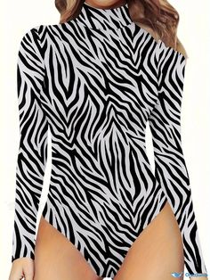 Orcajump - Allover Print Mock Neck Bodysuit, Casual Long Sleeve One Piece Bodysuit, Women's Clothing Mock Neck Bodysuit, One Piece Bodysuit, Zebra Print, Mock Neck, Knit Fabric, Knitted Fabric, Collar Styles, Women's Clothing, One Piece