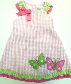 Pink and lime green appliqué butterfly summer sleeveless toddler girl dress.  White and pink gingham pattern with ruffles This is an individual pre-owned piece of infant baby clothing.  Size: 2T Condition: Free of any rips, stains or holes. Clean. Fabric is slightly faded from prior washings. Ready to wear.  SB05 Summer Sun Dress, Summer Sundresses, Strawberry Picking, Heirloom Dresses, Girls Easter Dresses, Baby Frock, Light Dress, Gingham Pattern, Green Butterfly