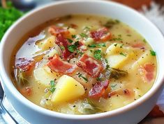 a white bowl filled with soup on top of a table