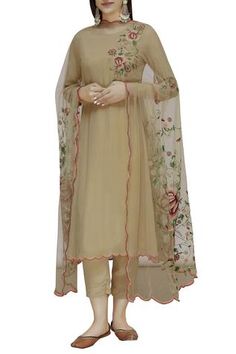 Shop for Mahima Batra Beige Georgette Embroidered Kurta Set for Women Online at Aza Fashions Simple Suits, Beige Kurta, Designer Punjabi Suits, Miroslava Duma, Pakistani Dresses Casual, Pakistani Fashion Party Wear, Cotton Kurti Designs, Suits Design, Kurta Designs Women