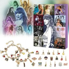 an assortment of bracelets and earring sets are shown in front of a book